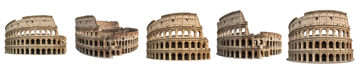 Fototapeta premium Ancient Roman Colosseum Landmark Collection - Isolated White Background Italy Amphitheater Set