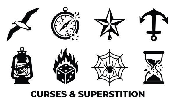 Curses and superstition symbols including albatross compass star anchor lantern dice spiderweb hourglass.