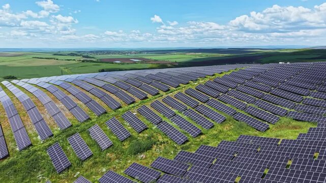 Aerial view commercial solar rows sweeping across rolling landscape with rhythmic panel patterns and wide horizon under soft clouds, visual emphasizes
