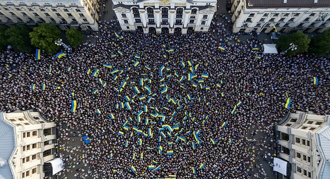 Massive Crowd Holding Blue and Yellow Flags in Urban City Square