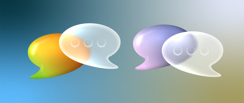 Speech bubbles set with glassmorphism effect. Dialogue boxes, support signs, chat buttons