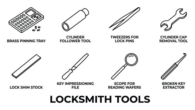 Locksmith tools for lock repair and maintenance including pinning tray, follower, tweezers and file.
