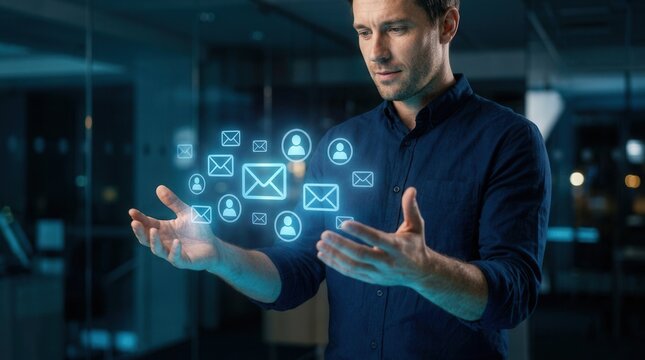 Businessperson holding email icons for email marketing and mailing list management.