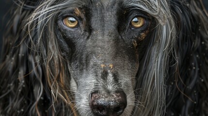 Naklejka premium Dark, wet fur frames a somber, golden-eyed canine gaze. Deep-set eyes hold quiet resilience, softened by age. The dog's nose is damp, slightly wrinkled, with a gentle dignity