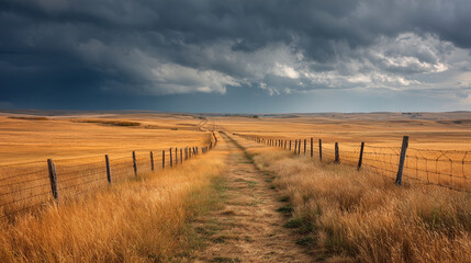 Obraz premium Dramatic storm clouds over golden prairie landscape with rural path and fence stretching to horizon