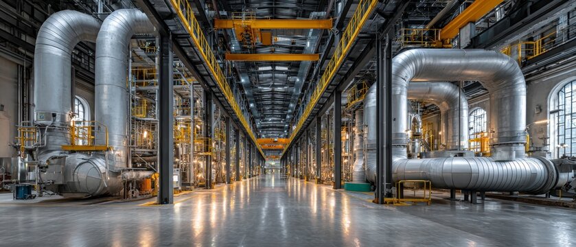 A spacious industrial hall, with its massive pipes, yellow cranes and complex network of utilities, provides a striking backdrop for presentations on heavy industry,  