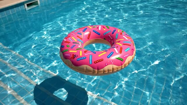Pink donut inflatable ring floating in clear blue swimming pool water on a sunny day