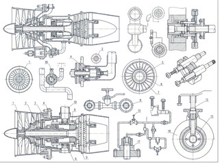 Detailed Engineering Blueprint of Complex Aircraft Engine Components. © Duren