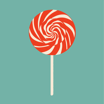 Illustration of a swirled red and white lollipop on a teal background