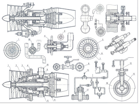 Detailed Engineering Blueprint of Complex Aircraft Engine Components.