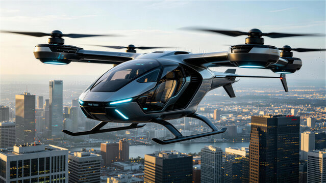 Futuristic Air Taxi: A sleek, innovative electric vertical takeoff and landing (eVTOL) aircraft soars above a modern cityscape, representing the future of urban transportation and aerial mobility.