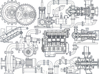 Obraz premium Detailed Engineering Blueprint of Industrial Machinery and Components.