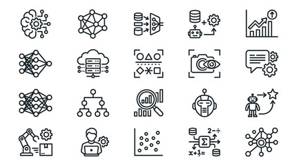 Fototapeta premium Minimal AI Workflow and Data Analytics Icon Set, Modern Machine Learning Outline Vector Collection