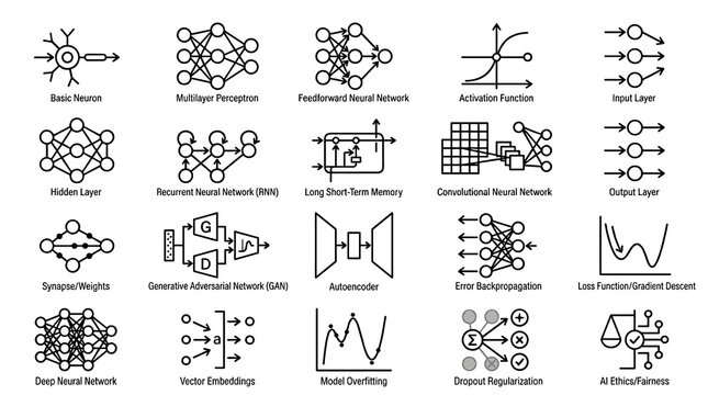 Scientific Neural Network Architecture and Machine Learning Icon Set, Minimal AI Research Outline Vector Collection