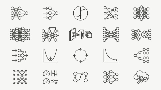 Scientific Neural Network Architecture Icon Set, Minimal Monoline Deep Learning Vector Collection