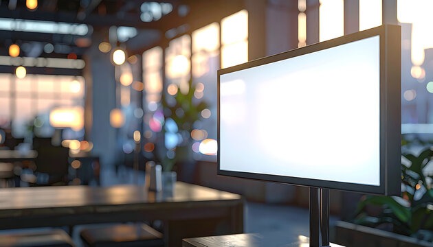 Blank digital screen in a modern office lobby with blurred background city lights and bokeh, ready for presentation or information display