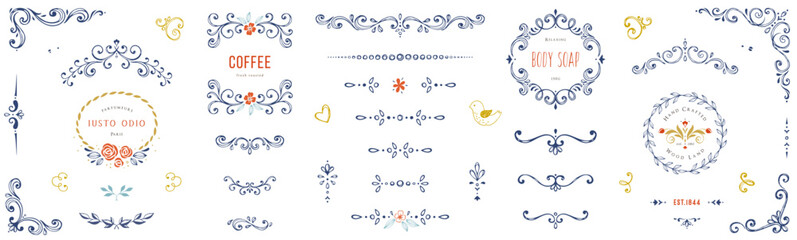 Vector hand drawn frames, ornate elements, labels, scroll, logos, floral motifs. For branding, graphic design, packaging, stickers, business and greeting cards, invitations. © KatyaKatya