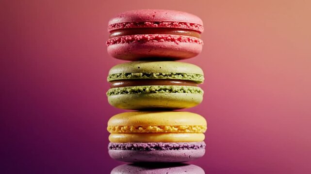 Delicious macarons dessert tower stacked on each other with a beautiful gradient pink background