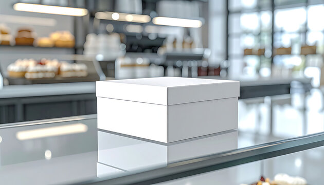 Blank white bakery box on a glass display shelf in a modern cafe, ready for branding and packaging