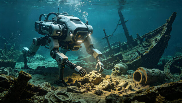 Underwater Exploration Robot at Shipwreck Site: A futuristic robot with robotic arms and legs meticulously examines debris on the seabed next to a sunken ship and ancient artifacts.