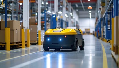 Obraz premium Autonomous Yellow Warehouse Robot Driving Through Modern Industrial Storage Aisle