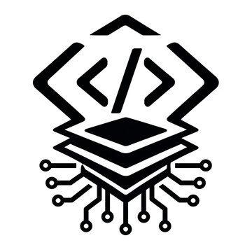Futuristic microchip with coding brackets and circuit traces technology icon