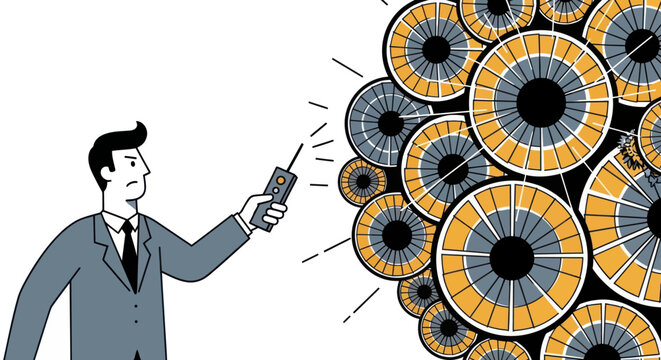 Man using remote control on wall of giant camera eyes.