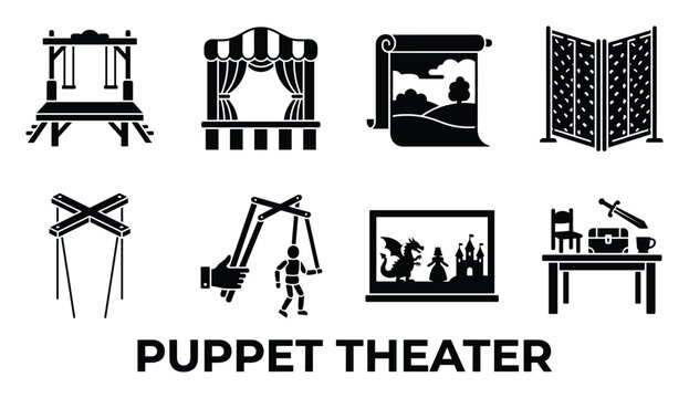 Puppet theater elements vector icons for children's shows and entertainment.