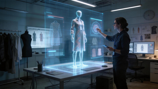 Future Fashion Design: A designer uses a holographic display to interact with a 3D model of a dress, showcasing innovative technology in the fashion industry.