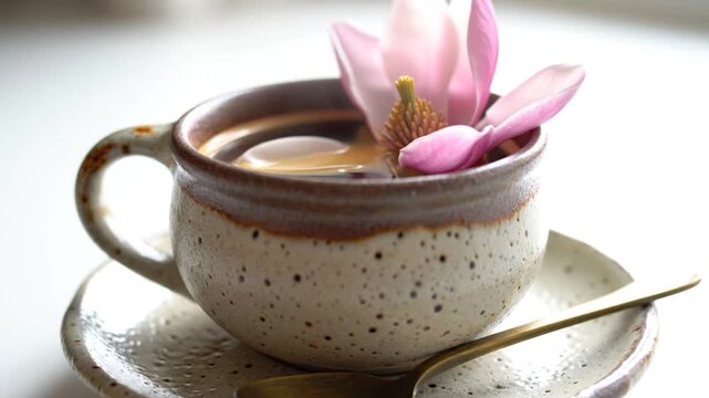Pink magnolia flower floating in rustic ceramic coffee cup with saucer and spoon
