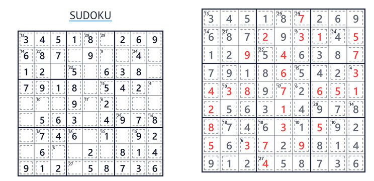Killer Sudoku puzzle grid with logic math challenge solution. Brain training and mental exercise for intelligent mind. Education game for leisure and hobby activity concept.