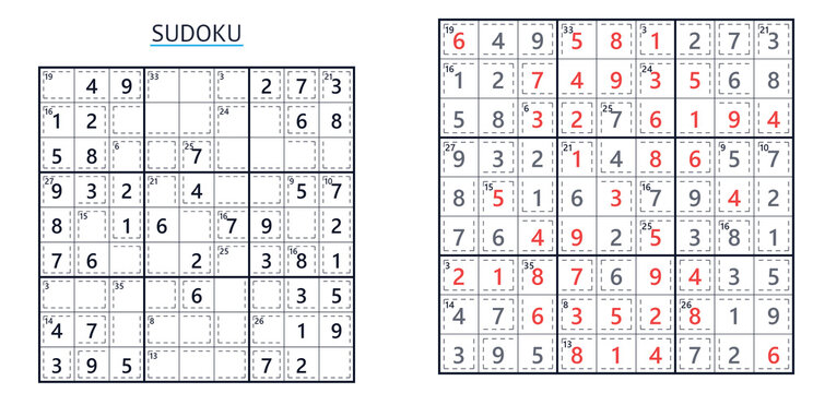 Killer Sudoku puzzle grid with logic math challenge solution. Brain training and mental exercise for intelligent mind. Education game for leisure and hobby activity concept.
