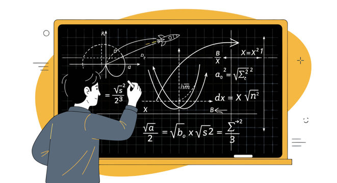 Teacher writing complex mathematical formulas on chalkboard.