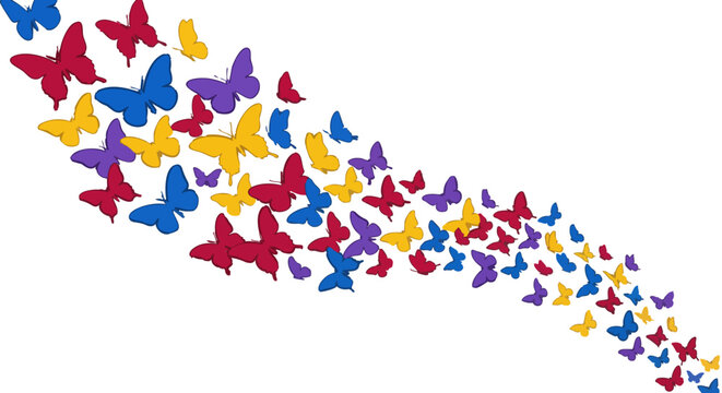 Colorful butterfly swarm vector illustration, vibrant flying butterflies trail on white background, decorative summer insect silhouettes