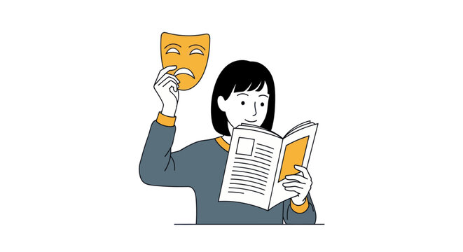 Woman reading book while holding a theatrical comedy mask.