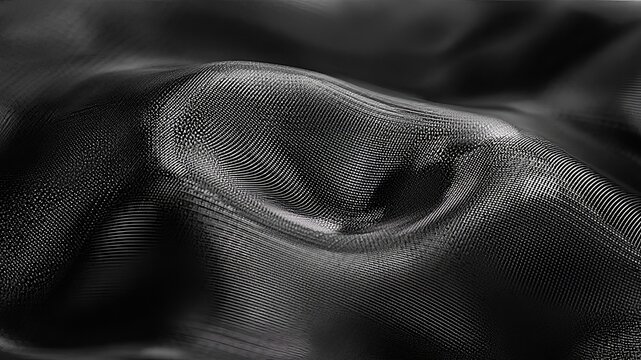 Dark futuristic abstract background creating a dynamic texture with undulating lines forming a complex digital wireframe surface, illustrating data flow, technology, and connection concepts