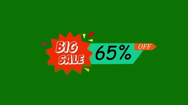 BIG SALE 65 percent off price badge on green screen. Big sale online shopping icon. Business and savings concept. Text animation big sale 65 percent off.