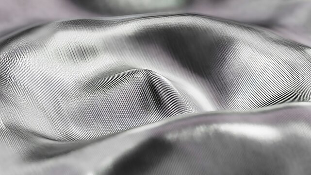 Abstract silver fabric flowing gracefully, creating a dynamic textured background with soft ripples and delicate striped patterns, representing luxury and modern design