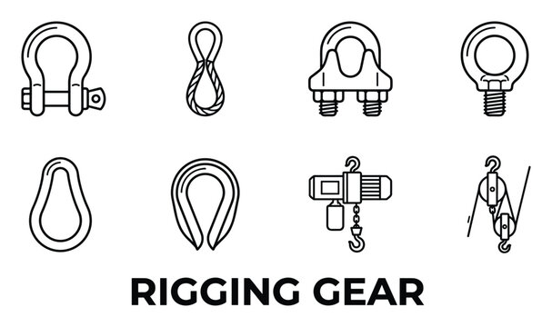 Rigging gear equipment set, heavy duty lifting hooks, shackles, clamps and pulleys for industrial load transport, crane components.