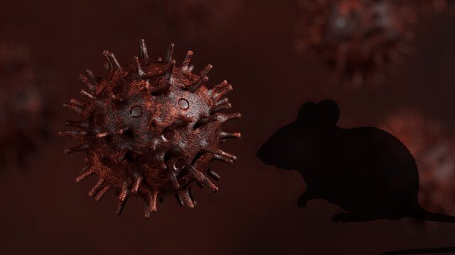 Pathogenic virus particle floating next to a rat silhouette, illustrating the concept of zoonosis, disease transmission from animals to humans, and potential outbreaks and epidemics