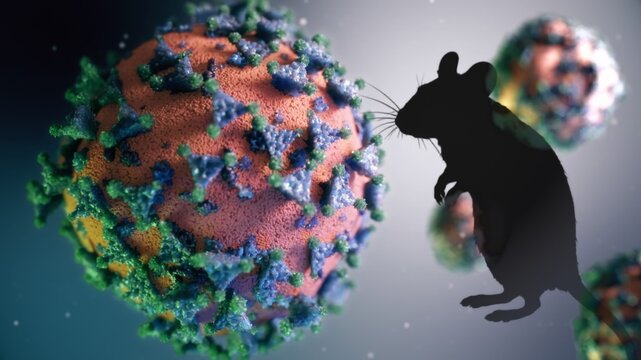 Mouse silhouette interacting with a large virus particle, representing animal testing, scientific research, and potential infection studies within a medical laboratory environment