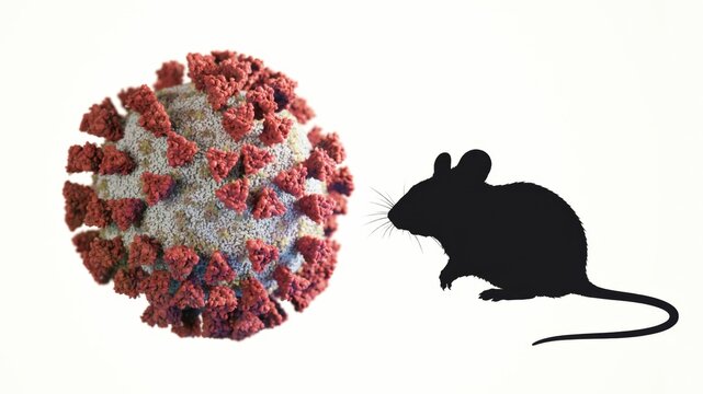Coronavirus particle interacting with a stylized mouse silhouette, representing viral infection, transmission, and ongoing medical research into disease models and preclinical drug testing