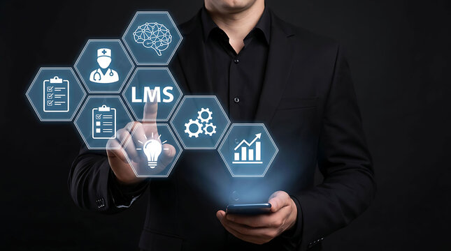 Businessman pointing at virtual LMS icon for healthcare learning management system