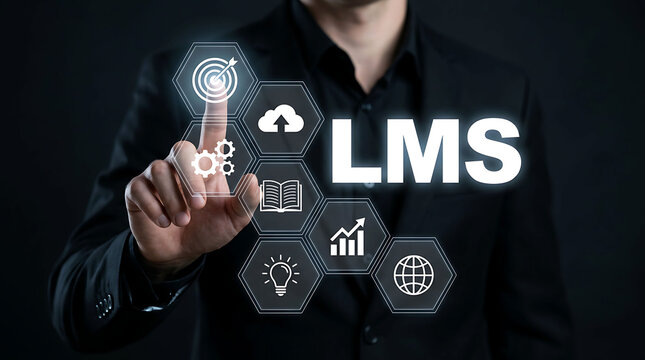 Businessman pointing at virtual target icon for learning management system compliance