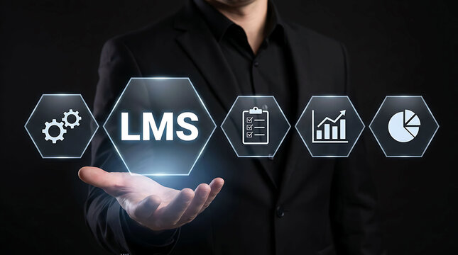 Businessman presenting virtual LMS icon for learning management system dashboard