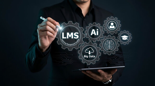 Businessman pointing at LMS and Ai gear system icon on virtual screen with stylus