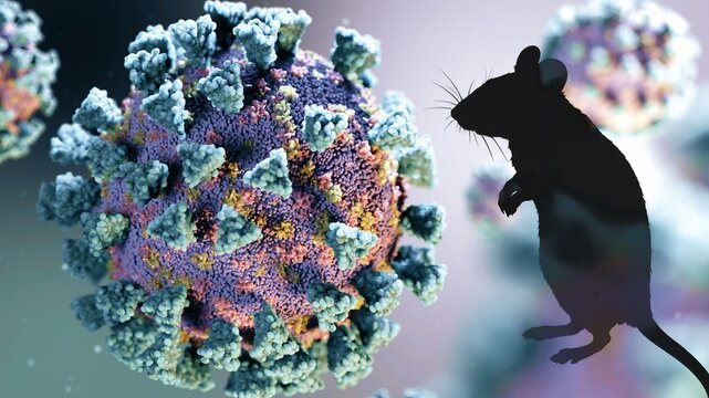 Rodent silhouette standing next to a large, detailed covid-19 virus particle, illustrating the concept of zoonotic disease transmission and viral spread from animals