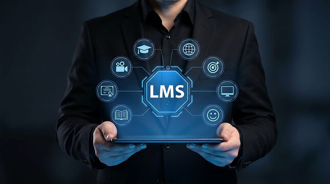 Businessman holding digital tablet with virtual LMS acronym screen for education concept