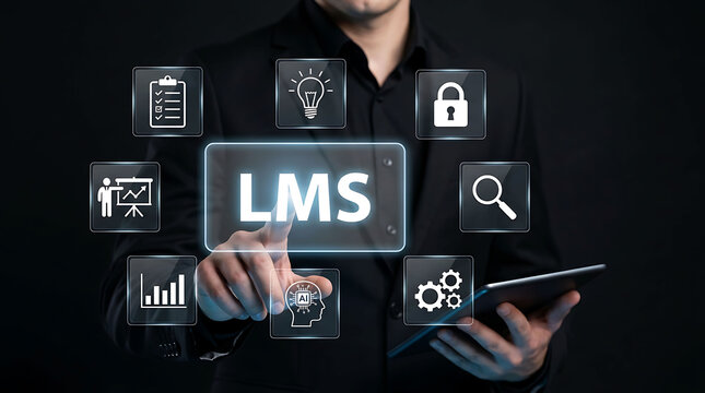 Businessman pointing at virtual LMS screen with corporate training network icons