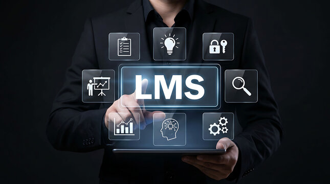 Businessman pressing virtual LMS button with corporate learning management system icons